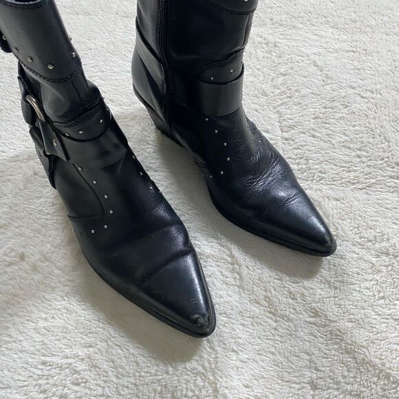 Vintage Y2K Harley Davidson Black Leather Studded Pointed Ankle Boots - Picture 2 of 8
